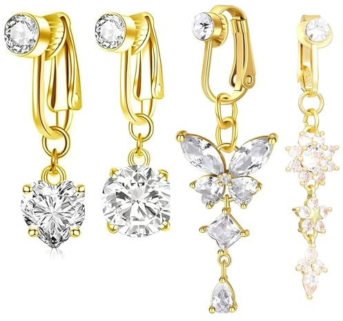 Alwodici 4 Pcs Fake Belly Button Piercing Clip On Belly Button Ring With Heart Butterfly Circular Long Pendant Shaped Copper Inlaid Zircon Belly Button Bars Fake Piercings Bars For Women Men (Gold)