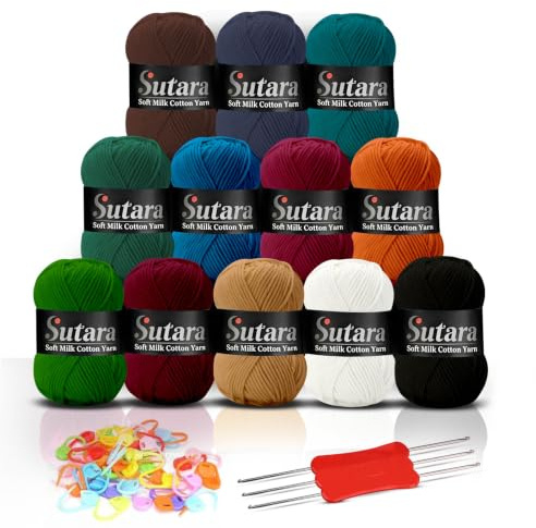 Sutara 12 Pack Milk Cotton Yarn Kit for Crochet and Knitting 45-50g Ball - Soft Crochet Wool for Amigurumi and Baby Wool Projects - Knitting Kit Yarn for Crochet, Hooks, Stitch Marker (Dark Colours)