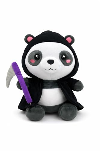 Generisch Kawaii Panda Sensenmann Plüschtier 24 cm – Grim Reaper Kuscheltier mit Sense, Halloween Stofftier schwarz weiß, Gothic Deko