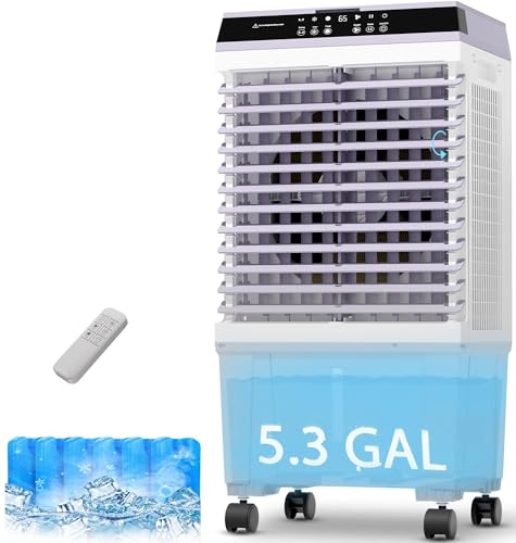 Mountman Swamp Cooler, 1800 CFM Evaporative Cooler 5.3 Gal Water Tank, 6 Ice Packs, 2 Modes, 3 Speeds, 120 Oscillation, Remote, 12H Timer, Air Cooling for Bedroom, Home, Office, Kitchen
