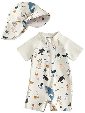 Traje de Baño Bebé Mangas Largas UPF50+ Bañador con Capucha Cómoda y Transpirable Rash Guard con Cremallera Verano Traje de Baño para Playa Vacaciones 0-3 Años Bebe Niño Niña