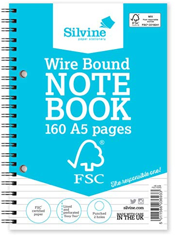 Silvine A5 Everyday FSC Twin Wire Notebook - Ruled 8mm Feint, 160 Pages of FSC Certified Paper. Ref FSCTWA5 [Pack of 5], a5 wirebound