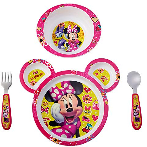 The First Years Disney Minnie Mouse Dinnerware Set - Toddler Plates and Toddler Utensils- 4 Piece Set