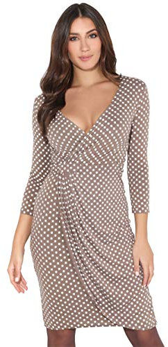 KRISP Women Polka Dot Wrap Midi Dress V-Neck 3/4 Sleeve (Mocha, 14), 6487-MOC-14