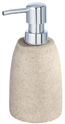 WENKO Seifenspender Goa, nachfüllbarer Pumpspender für Flüssigseife, Lotion oder Spülmittel, aus schwerem Kunststein (Polyresin), im natürlichen Stein-Look, Ø 7,4 x 10,5 cm, Füllmenge 210ml, Beige
