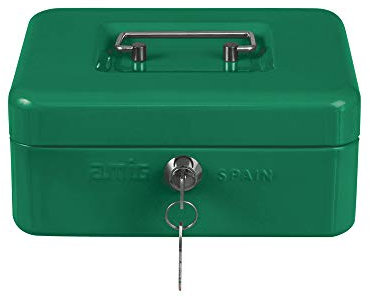 Amig - Steel Money Box | Removable Coin Compartment | Nickel-Plated Safety Lock | Impact & Scratch Resistant | Ideal for Shops & Offices | 150 x 110 x 70 mm, Green, Alloyed Steel
