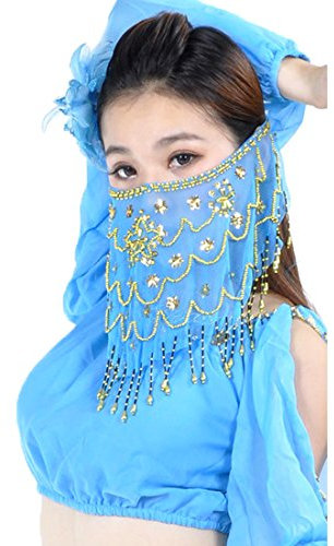 Calcifer Velo de danza del vientre tribal con cuentas y flor de ciruelo indio velo de danza accesorio para disfraz (azul cielo)