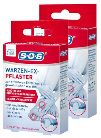SOS Warzen-Ex Pflaster - Warzenpflaster zur Entfernung gewöhnlicher Warzen an Hand und Fuß - wasserfest - für Kinder ab 6 J. - 2 x 24 Pflaster