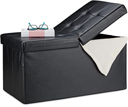 Relaxdays Sitzbank, Stauraum, faltbar, Leder-Optik, klappbarer Deckel, Flur, Schlafzimmer, Polster Truhenbank, schwarz