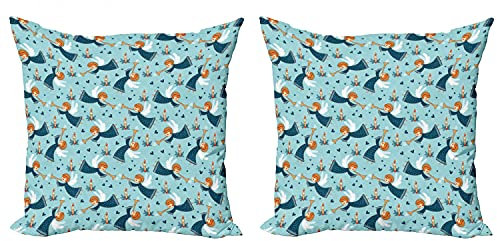 ABAKUHAUS Ángel Set de 2 Fundas para Cojín, con alas Chica Trompeta, con Estampado en Ambos Lados con Cremallera, 60 cm x 60 cm, Azul pálido Naranja