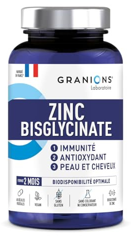 GRANIONS - Zinc Bisglycinate 15 mg - Zinc Complement Alimentaire - Format 2 MOIS - Bisglycinate - Immunité, Acne Visage - Biodisponibilité Optimale - 60 Gélules