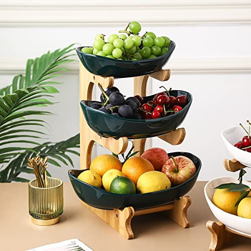 QHENS Support de Corbeille à Fruits à 3 étages, Présentoir à Fruits à 3 étages avec 3 Bols à Fruits Vert en PP, Support en Bambou Naturel, Porte-Fruits Plateaux de Service ​pour Gâteaux Fêtes
