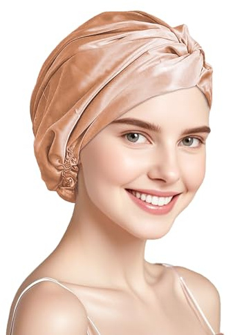 townssilk Gorro de noche para mujer, 100% seda de morera, gorro de ducha de seda de 16 mommes, bueno para el cabello, protege el cabello, gorro de noche de seda, doble capa, canela