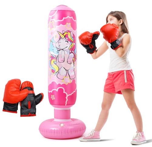 HOLYFUN Aufblasbarer Kinder-Boxsack mit Boxhandschuhen, freistehender Boxsack, Rückprallsack, Geschenke für Kinder, Mädchen, 119,4 cm