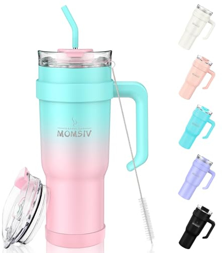 MOMSIV 40 oz tumlare med handtag och sugrör, stor kapacitet 1 100 ml rostfritt stål läckagesäker kaffekopp, isolerad vakuum resemugg vattenflaska för varm isdryck, grön-rosa