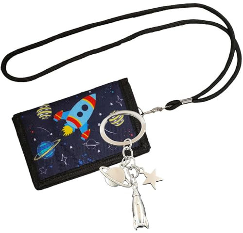 KASURE Lanyard Kinder Geldbeutel 1 Stück, Kinder Portemonnaie Blau mit Kartenfach und Münzfach, Kinder Geldbörse, Rocket (Inklusive Rocket Planet Schlüsselanhänger aus Metall)