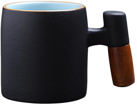 LJYING Ceramic Espresso Cups with Wooden Handle 80ML Expresso Coffee Cup Porcelain Small Coffee Cups Espresso Shot Cups Tea Cups (Black, 1 Pack)