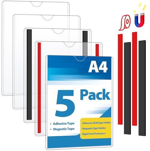 VAIIGO 5 Pcs Cadre Magnétique Auto-adhésif A4, Cadre d'information Avec bande adhésive et magnétique, Informations sur le Cadre, Affichage Étanche, Couvertures pour Signe, Photos, Document