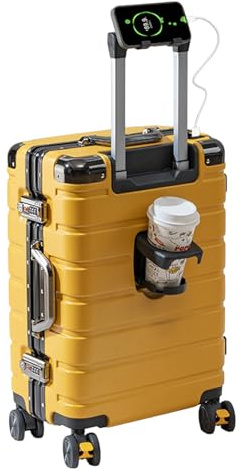 EclatVivid Luggage with USB & Type-C Charger Aluminum Frame Carry On Suitcase, 20 Inch Carry On Luggage, PC Hard Shell Suitcase with USB Charger, Cup Holder(Yellow,20 inch)