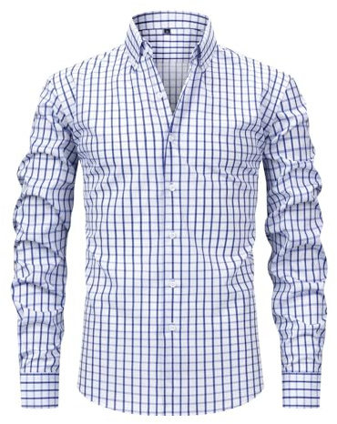 Generisch Camisa a cuadros para hombre Camisa formal para hombre | Ajuste ceñido Camisa de manga larga arrugada de boda con comodidad elástica de botones Camisa floral para hombre de manga larga, azul