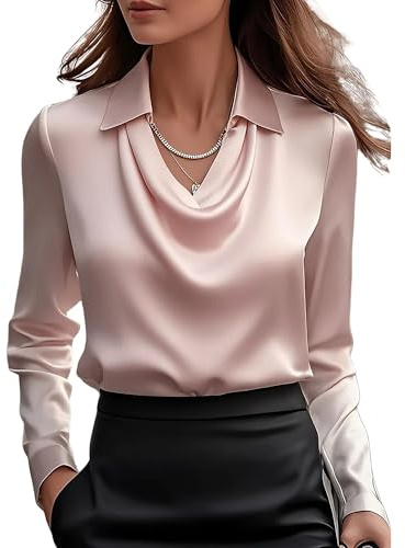 CORIRESHA Women's Elegant Cowl Neck Satin Blouse Long Sleeve Office Work Shirt Silk Top Pink