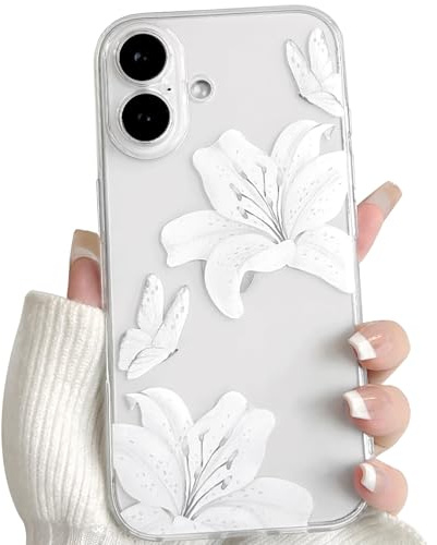 NITITOP pour iPhone 16 Coque Coque Transparente Fleur Lys, Blanc