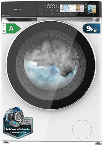 Cecotec Lavadora 9Kg Carga Frontal Bolero DressCode 9970 Direct Drive. Motor Direct Drive, 1400RPM, 11 Programas, PantallaFullColor, Puerta XXL, Función Vapor, Luz Interior, Stop&Go, Blanco
