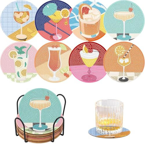 8 stycken diamantmålningsunderlägg med hållare – gör-det-själv diamantmålningsset för vuxna och barn – rund mandala och hundmotiv, koppunderlägg med korkbaksida (cocktail)