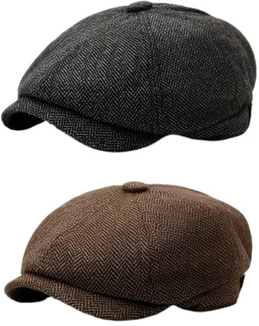 2 PCS Flat Cap, Newsboy Cap, Kangol Style Flat Cap, Two Pack with Black and Coffee Colours, Classic British Headwear for Daily Use