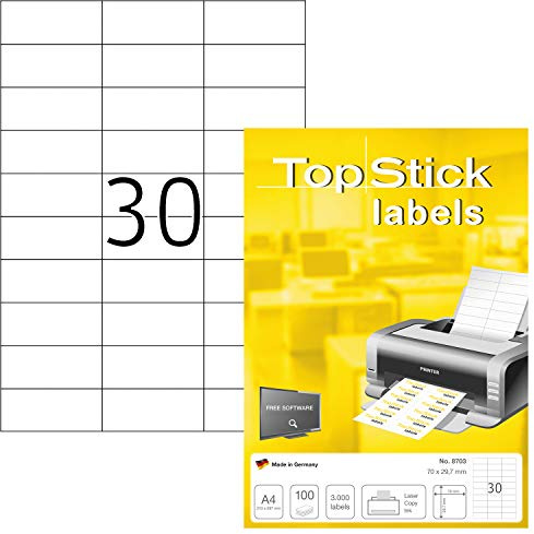 TopStick 8703 Multi-Purpose Labels, 30 Labels Per A4 Sheet, 70 x 29.7 mm, 3000 Labels, Self Adhesive, Small Stickers for Laser and Inkjet Printers, White