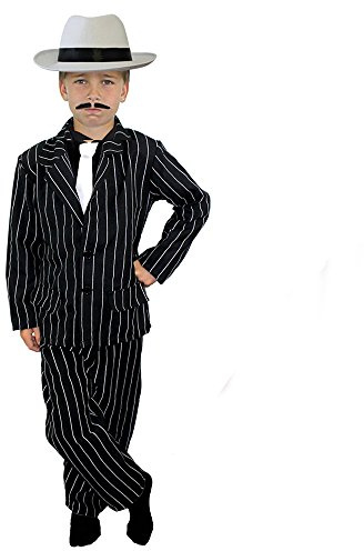 CHILDS 1920's GANGSTER FANCY DRESS COSTUME - BLACK PINSTRIPE SUIT - JACKET, TROUSERS + WHITE TIE + WHITE TRILBY HAT - BOYS (7-9 YEARS)