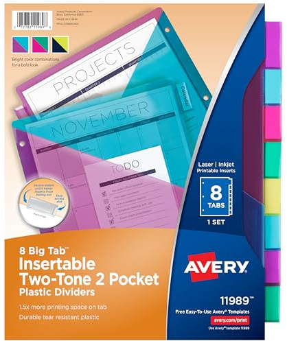 Avery Big Tab Insertable Plastic 2 Pocket Dividers for 3 Ring Binders, 8 Tab Set, Bright Two-Tone Multicolor, Works with Sheet Protectors, 1 Set (11989)