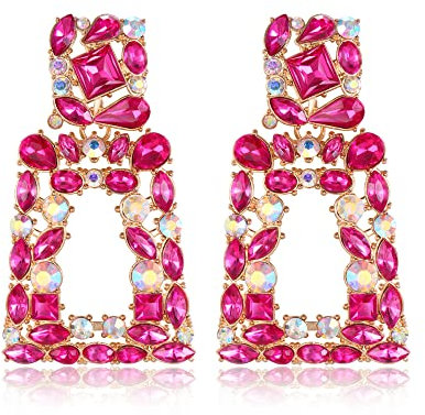EVER FAITH Pendientes Rectángulo para Mujeres, Strass Cristal Declaración Geométrica Aretes Fucsia Tono Dorado