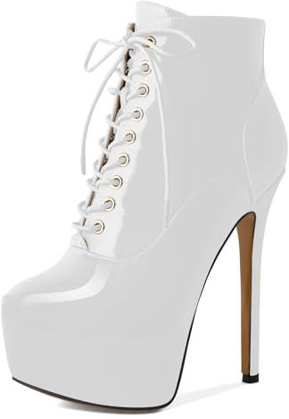 AUMOTED Women's Platform Ankle Boots Stiletto High Heel Ankle Boots 6.3 Round Toe Short Boots Lace Up Side Zipper Winter Booties Shoes Patent White US 9.5
