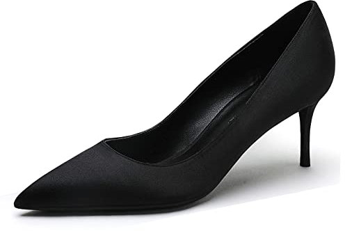 REKALFO High Heels for Women Satin Women's Pumps Slip On Bridal Shoes for Wedding Party Causal Black 2 UK