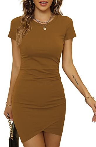 Laughido Mini Robe Portefeuille Moulante à Manches Courtes - Col Rond - Plissée de Plage pour Femme, Marron, L
