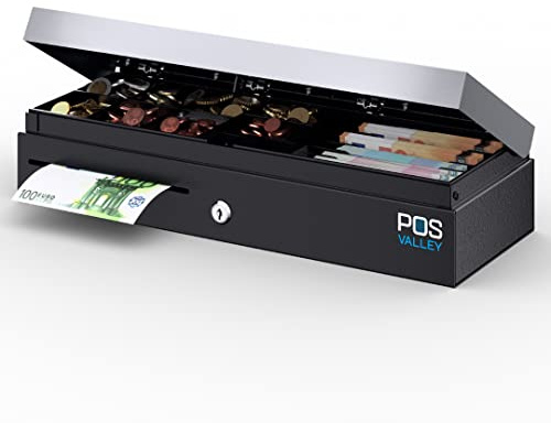 POS VALLEY Tiroir professionnel Flip-Top ouverture verticale automatique pour POS Imprimante et enregistreur de caisse, 7 billets/8 pièces (euros), noir/acier inoxydable, 46 x 17 x 10 cm