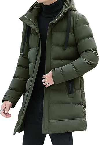 aromm Uomo Giacca Invernale Calda con Cappuccio Lunghezza Media Zip Trapuntato Imbottito Cappotti Puffer Verde, XXL