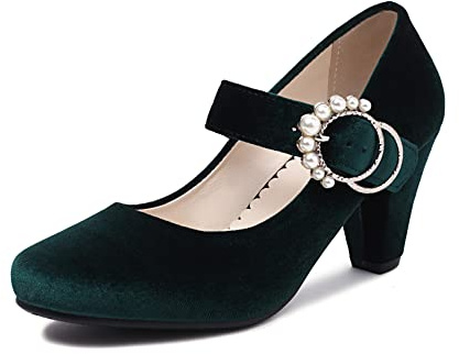 elerhythm Chaussures Mary Janes pour femme - Style rétro années 1920 - Talons en velours - Gatsby des années 1950 - Bout rond fermé - Boucle de perle - Escarpins, vert, 40 EU