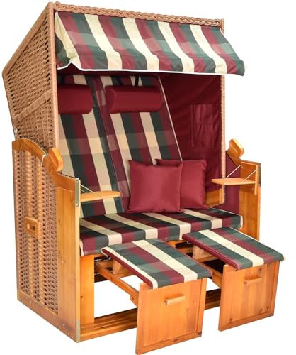 Lili Home&Garden Strandkorb Ostsee Baltic| Fertig montiert| Volllieger| 2 Sitzer| Burgund| Inklusive Schutzhülle| 120cm| Strandstuhl, Gartenliege| Für Garten, Terasse (Dessin BEIGE/GRÜN)