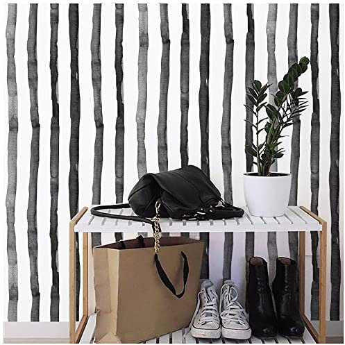FENTIS Noir Effet de Larges Rayures Papier Peint Autocollant Blanc Peel and Stick Papier de Contact Film Vinyle Autocollant Mural Rouleaux pour Cuisine Chambre Comptoir Imperméable 44.5x500cm