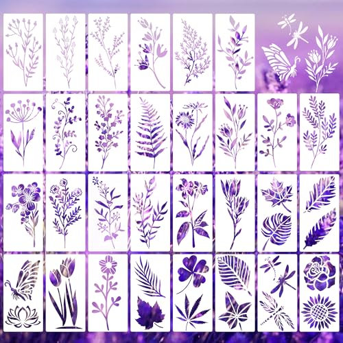 30 Stück Blätter Schablon, 6 * 3 Zoll Malerei-Schablonen, Wildblumen- und Wand-Malerei, wiederverwendbar