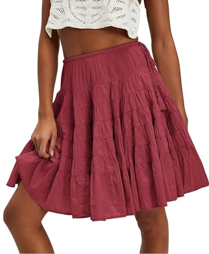 Meiyi station Flowy Skirts for Women Tiered Boho Pleated Drawstring Waist Knee Length Flowy Midi Skirts