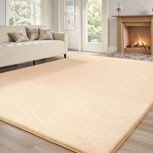Sour Lemon Rugs Living Room 120x160cm,Beige Area Faux Bunny Fuzzy Fur Rug | Modern Large Anti Slip Beside Rug,Faux Rabbit Fur Carpets,Non-Shedding Fluffy Shaggy Short Pile Rug for Bedroom,Kids Room