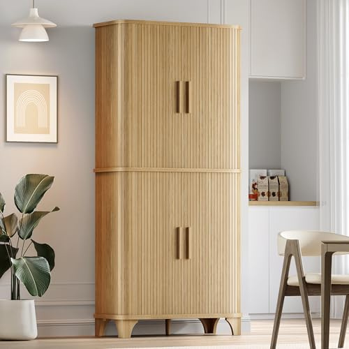 Decofy 69 Tall Kitchen Pantry Storage Cabinet with Sliding Door, Modern Curved Edge Pantry Storage Cabinet with 5 Shelves, Cupboard for the Kitchen, Dining Room, Bedroom, Living Room, Office (Oak)