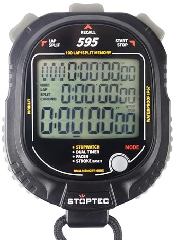 Stoptec - Cronometro 595, grande display a 3 righe, meccanismo a punti di pressione, 100 memoria, dual-timer, pacer, misurazione del numero di colpi, display e suono acceso e disattivabile, resistente