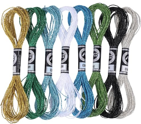 CABODYALS 12 capa, 64 m, 8 madejas de Hilo Metálico Brillante para Bordar Y Punto de Cruz, Hilo Trenzado de Poliéster Surtido Y Brillante, Juego de Hilos Coloridos para Pulseras de la Amistad para Cos