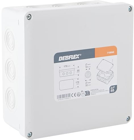 DEBFLEX - Caja de Derivación Estanca IP55 - Para Conexión Segura de Cables - Se Fija en la Pared en Superficie - Gris - 170 x 170 x 80 mm