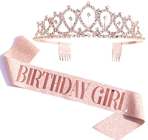 Rose Gold Birthday Sash & Tiara Kit - Glitter Birthday Party Favors