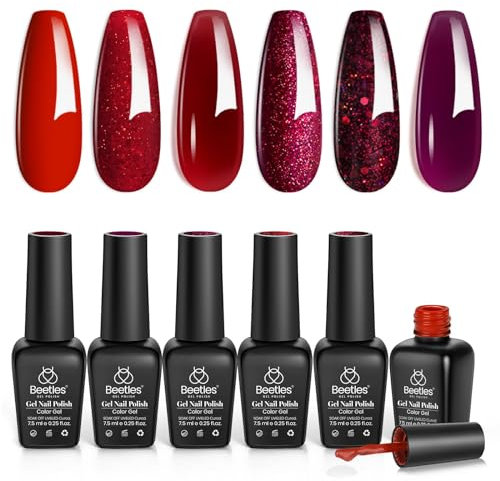 Beetles Christmas Gel Nail Polish, Poinsettia Collection 6 Pcs Dark Burgundy Red Glitter Soak Off UV Gel Nail Kit Nail Art Manicure Gifts for Women Girls